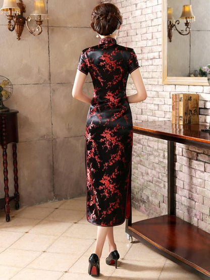 Black Red-flower Print Split-side Long Cheongsam