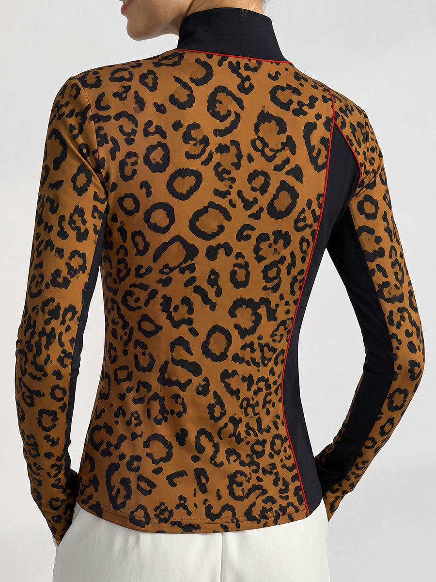 Split-front Split-Joint Leopard Contrast Color Skinny Long Sleeves Mock Neck T-Shirts Tops