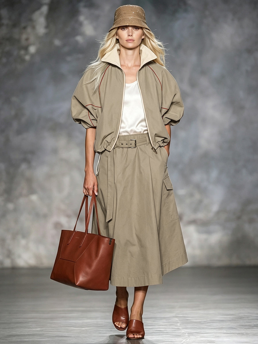 Zipper Drawstring Contrast Color Loose Half Sleeves Lapel Outerwear