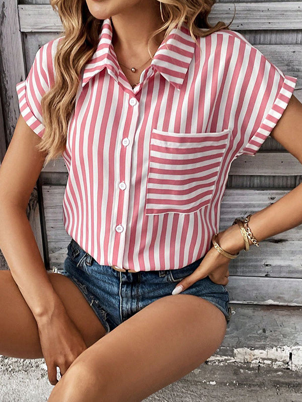 Loose Short Sleeves Contrast Color Split-Joint Striped Patterns Lapel Blouses&Shirts Tops