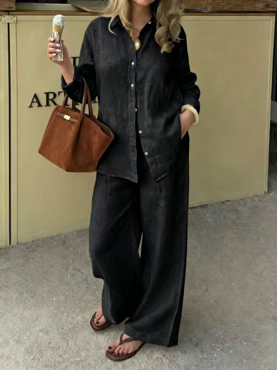 Solid Color Pockets Buttoned Plus Size Loose Lapel Two Pieces Set Trousers Pants Blouses&shirts Tops
