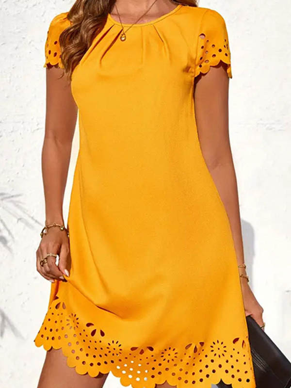 Mini-robes amples à manches courtes, plissées et creuses, couleur unie, à col rond et à fentes 