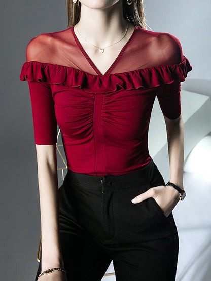 Half Sleeves Skinny Pleated Ruffle Trim Solid Color Split-Joint V-Neck T-Shirts Tops