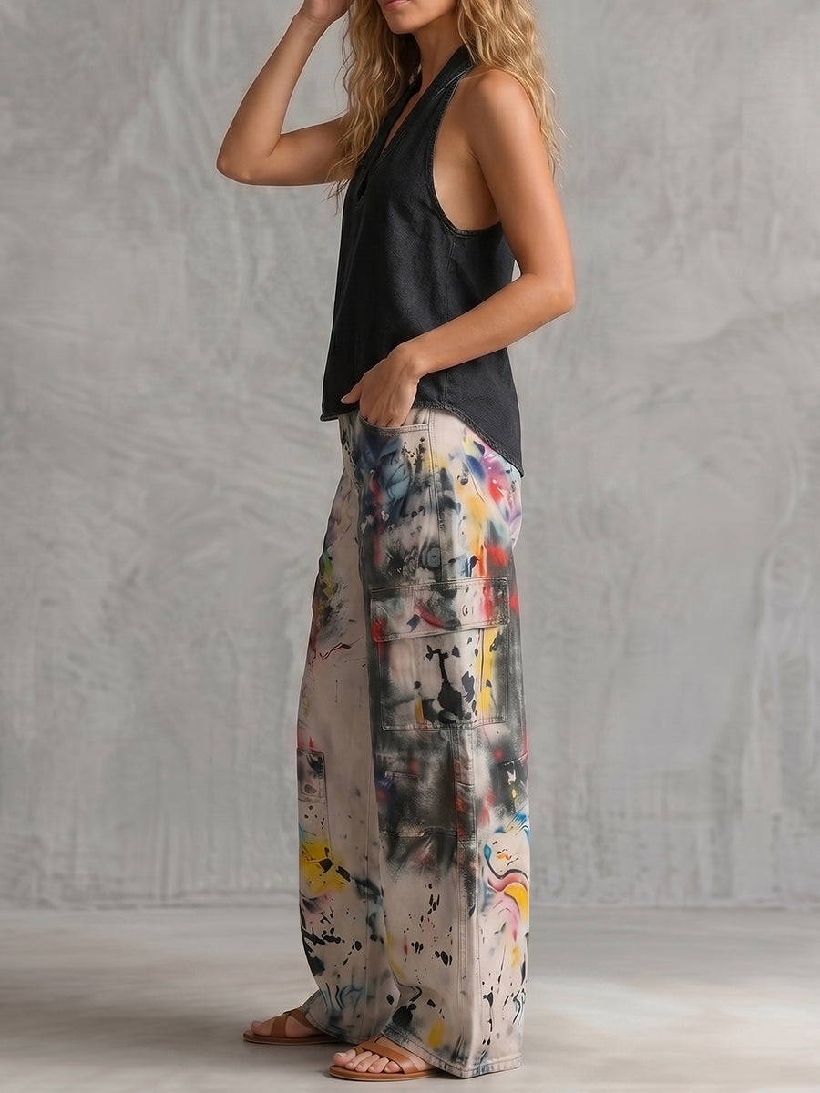 High Waisted Wide Leg Buttoned Contrast Color Graffiti Printed Pockets Jean Pants Bottoms