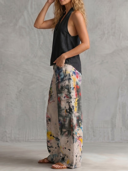 High Waisted Wide Leg Buttoned Contrast Color Graffiti Printed Pockets Jean Pants Bottoms