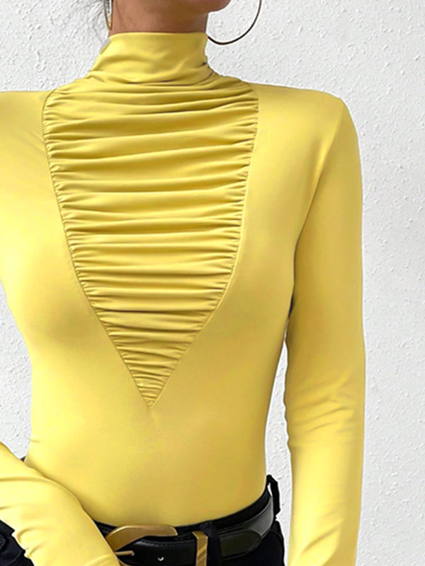 Long Sleeves Skinny Pleated Solid Color Split-Joint High Neck T-Shirts Tops