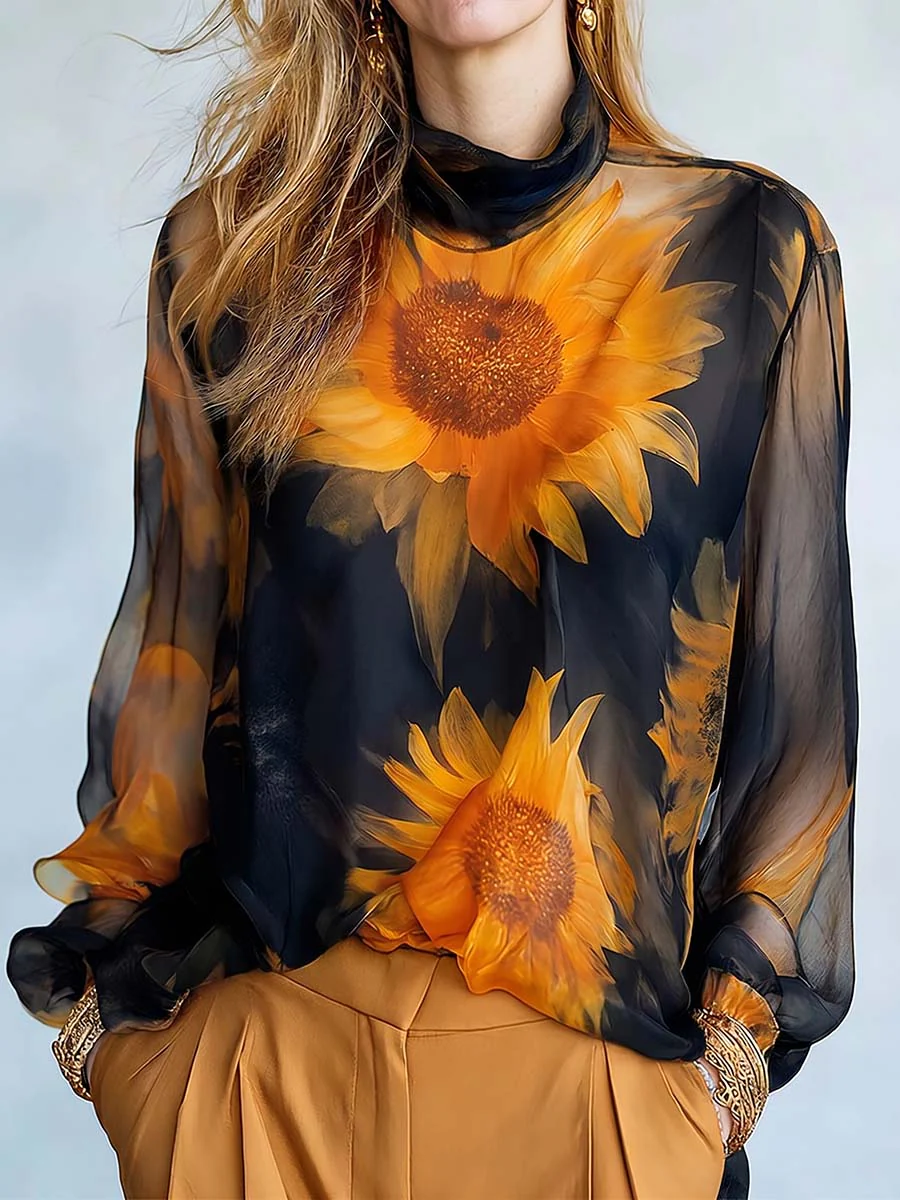 Long Sleeves Loose Contrast Color Flower Print See-Through Mock Neck Blouses&Shirts Tops