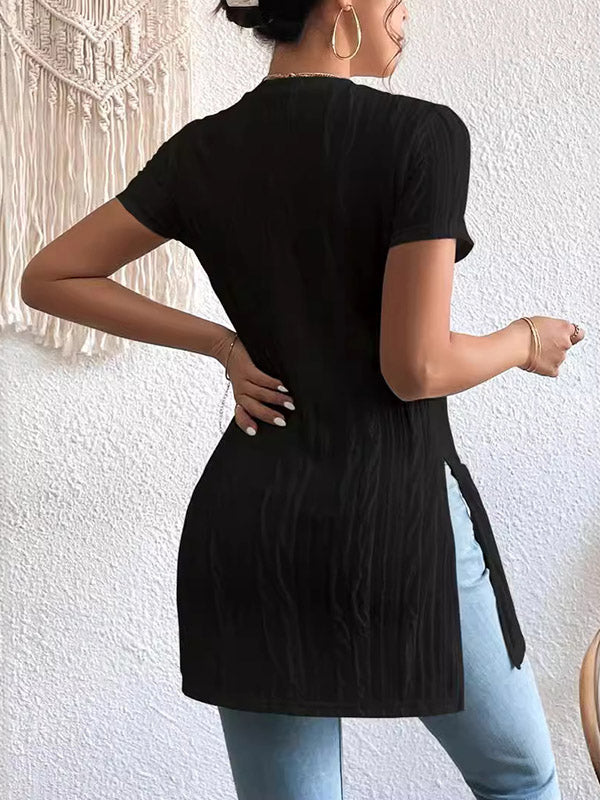 Short Sleeves Pleated Solid Color Split-Joint Split-Side Round-Neck T-Shirts