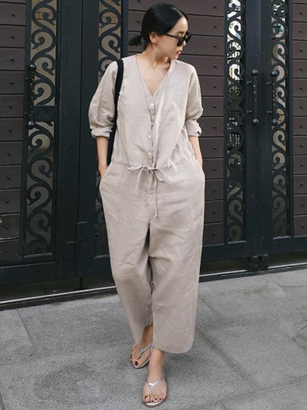 Casual Linen V-neck Jumpsuit
