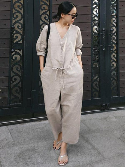 Casual Linen V-neck Jumpsuit