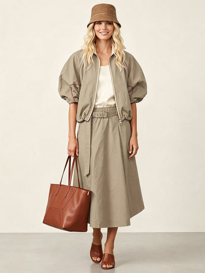 Zipper Drawstring Contrast Color Loose Half Sleeves Lapel Outerwear