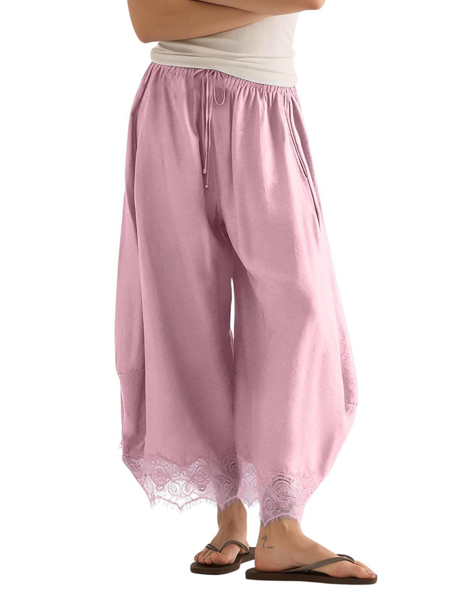 Split-Joint Solid Color Pockets Elasticity Drawstring Wide Leg Loose Trousers Pants