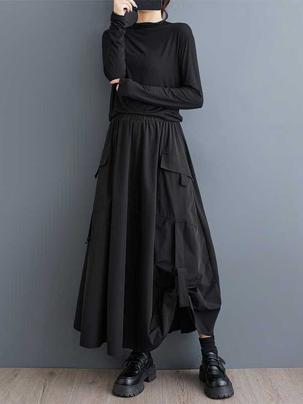 A-Line Loose Elasticity Pleated Pockets Solid Color Split-Joint Skirts Bottoms