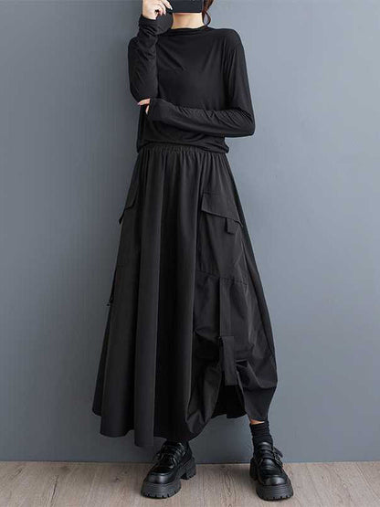 A-Line Loose Elasticity Pleated Pockets Solid Color Split-Joint Skirts Bottoms