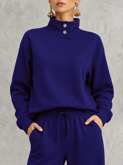Solid Color Buttoned Loose Long Sleeves Stand Collar Sweatshirt Tops