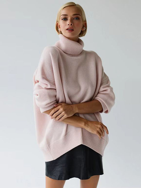 Casual Long Sleeves Loose Solid Color High-Neck Sweater Tops LOTUS PINK
