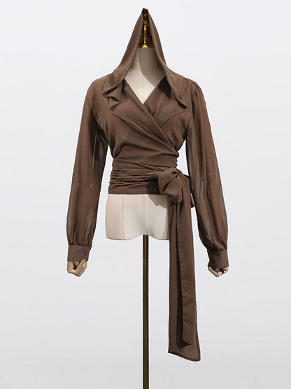 Long Sleeves Loose Pleated See-Through Solid Color Tied Waist Hooded Blouses&Shirts Tops