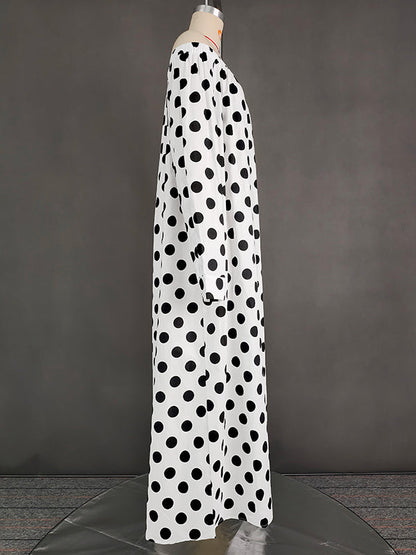 A-Line Long Sleeves Elasticity Polka-Dot Split-Joint Off-The-Shoulder Maxi Dresses