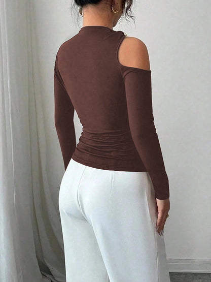 Long Sleeves Skinny Asymmetric Solid Color Asymmetric Neckline T-Shirts