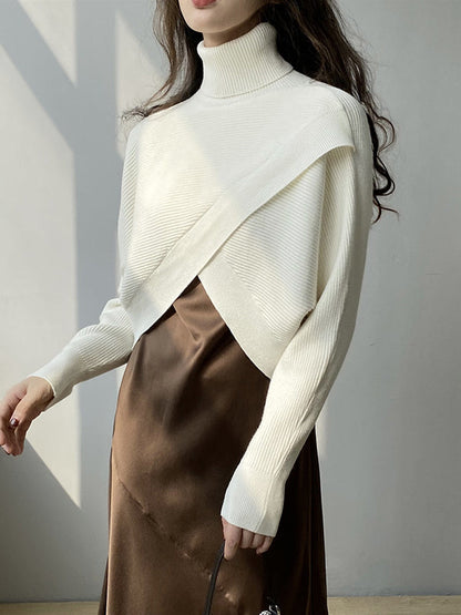 Long Sleeves Asymmetric Solid Color Split-Front High-Neck Knitwear Pullovers Sweater