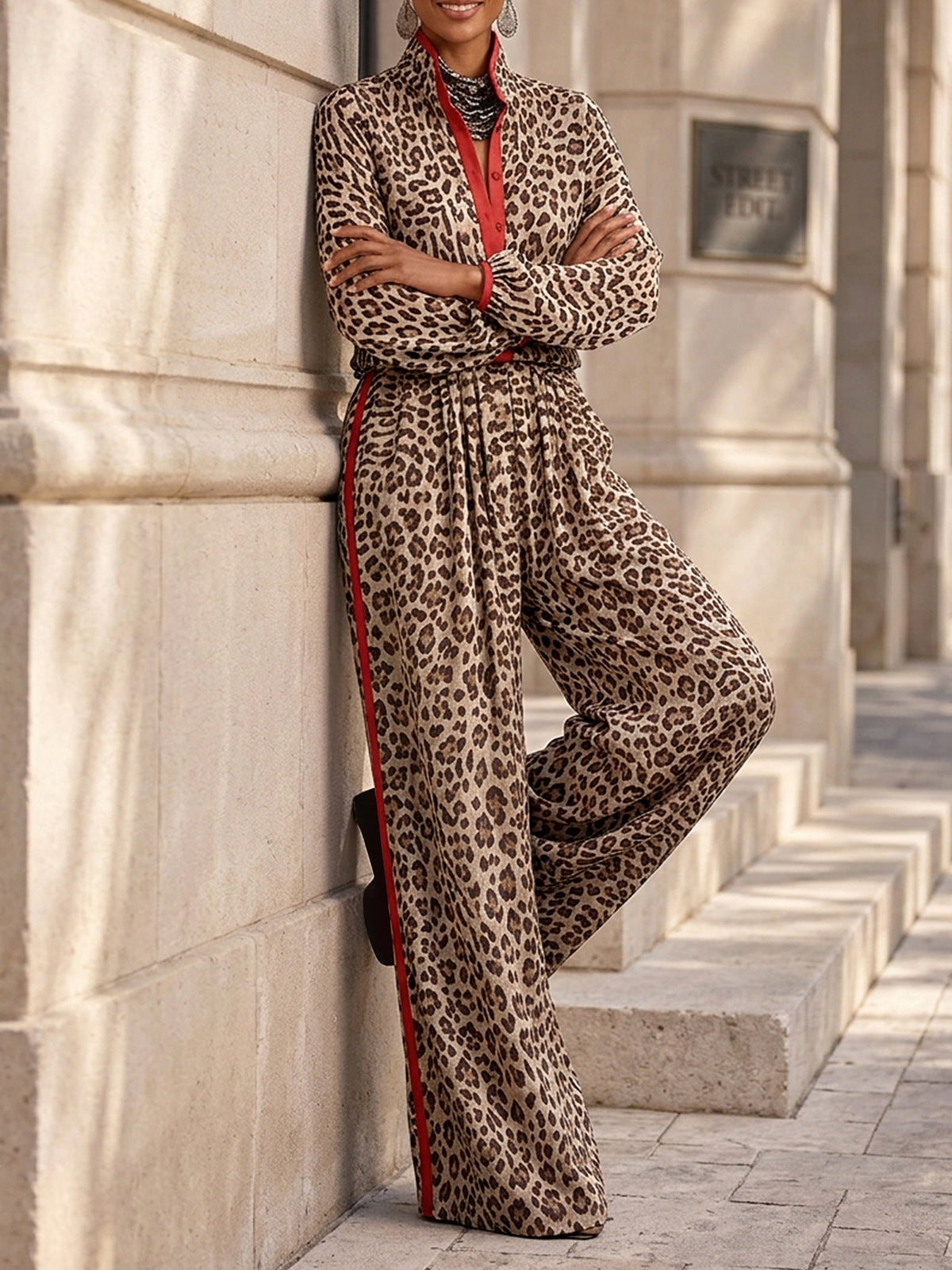 Split-Joint Leopard Contrast Color Buttoned Long Sleeves Stand Collar Blouses&shirts Tops