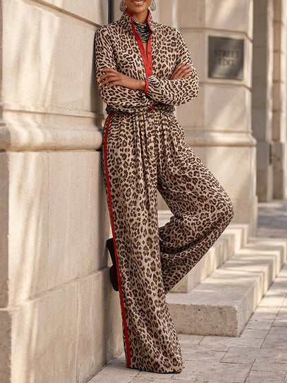 Split-Joint Leopard Contrast Color Buttoned Long Sleeves Stand Collar Blouses&shirts Tops