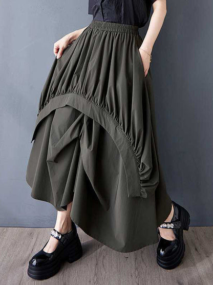 A-Line Loose Asymmetric Elasticity Pleated Pockets Solid Color Skirts Bottoms