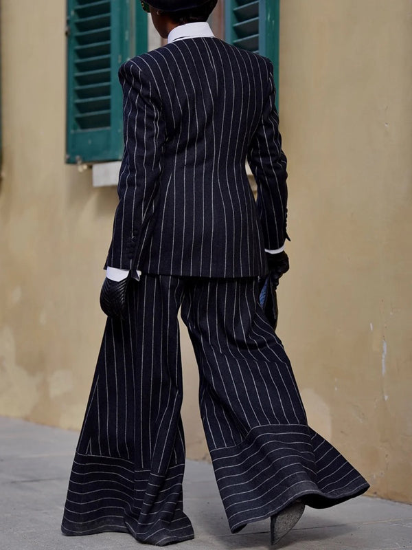 Long Sleeves Loose Buttoned Contrast Color Pockets Striped Notched Collar Blazer Outerwear