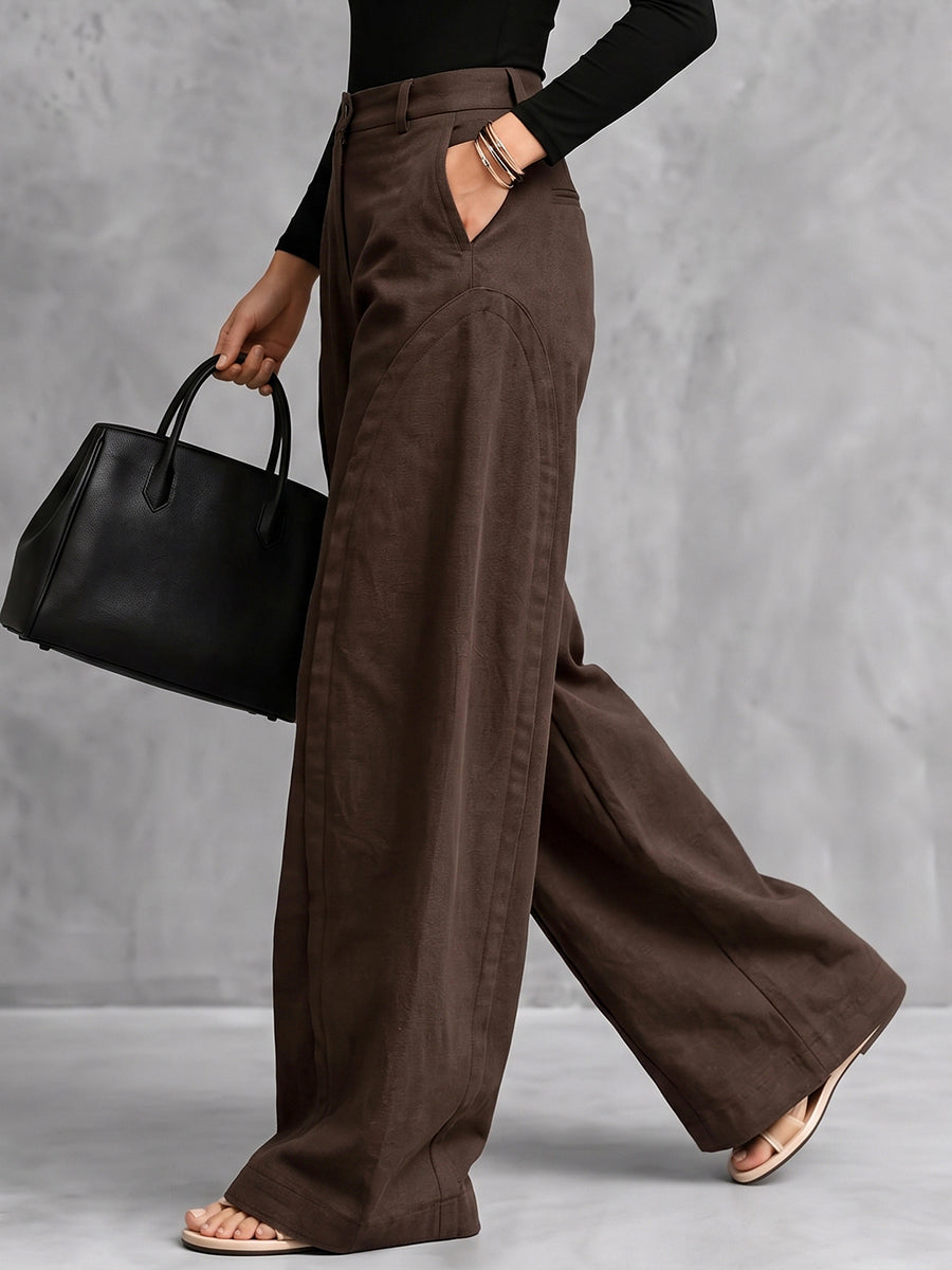 Zipper Split-Joint Solid Color Pockets Buttoned Wide Leg High Waisted Trousers Pants