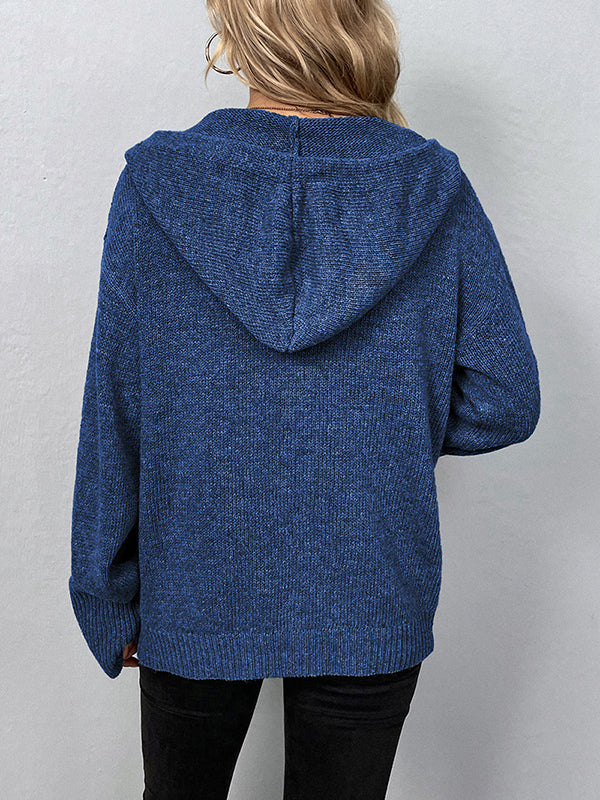 Cardigan boutonné à capuche de couleur unie 