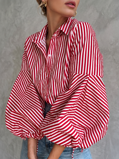 Striped Split-Joint Drawstring Buttoned Puff Sleeves Loose Lapel Blouses&shirts Tops