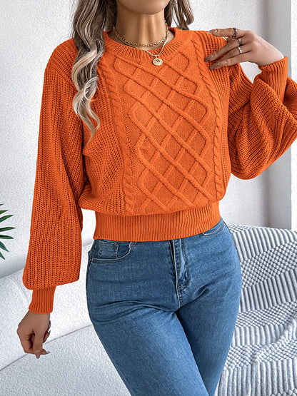 Elasticated Waist Long Sleeves Cable Knit Solid Color Round-Neck Knit Top Sweater Tops