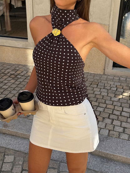 Sleeveless Backless Polka Dot Halter-Neck Tank Top
