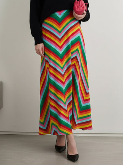 A-Line High Waisted Contrast Color Multi-Colored Serrated Print Skirts Bottoms