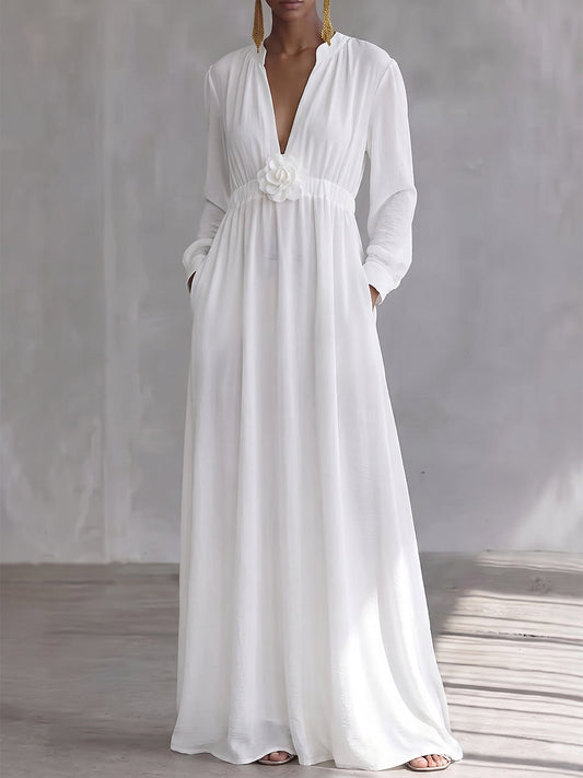 High Waisted Long Sleeves Elasticity Pleated Pockets Solid Color Three-Dimensional Flower V-Neck Maxi Dresses