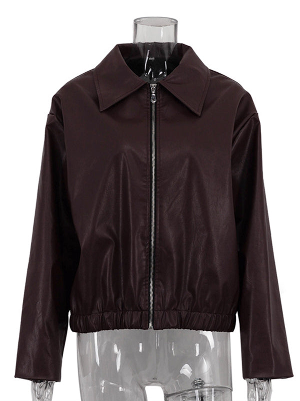 Vestes à manches longues, amples, élastiques, couleur unie, fermeture éclair, revers, vêtements d'extérieur 