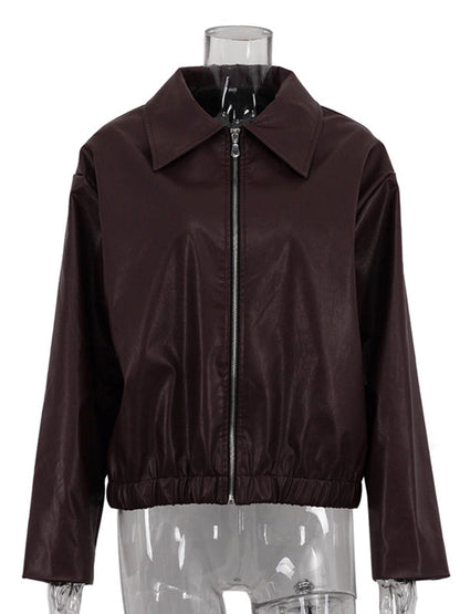 Vestes à manches longues, amples, élastiques, couleur unie, fermeture éclair, revers, vêtements d'extérieur 