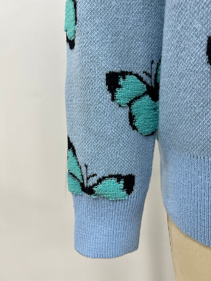 Original Long Sleeves Loose Butterfly Print Contrast Color Round-Neck Sweater Tops