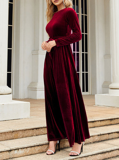 Long Sleeves Wrap Belted Pleated Solid Color Zipper Round-Neck Maxi Dresses