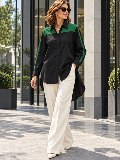 Split-Joint Contrast Color Buttoned Loose Long Sleeves Lapel Blouses&shirts Tops