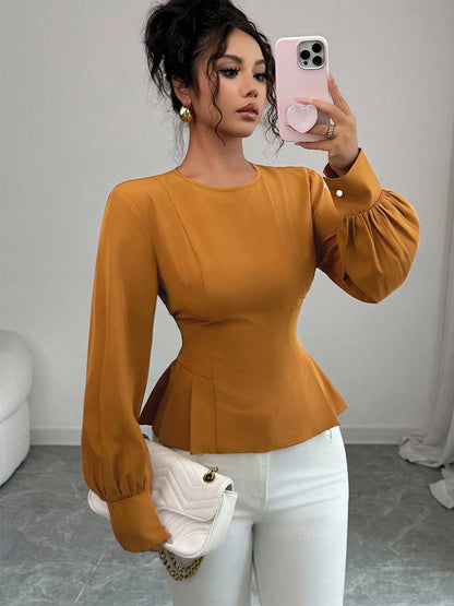 Elasticated Waist High Waisted Asymmetric Pleated Ruffled Solid Color Round-Neck Blouses&Shirts Tops