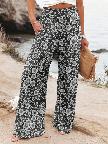 High Waisted Loose Elasticity Flower Print Pleated Pockets Pants Trousers BLACK
