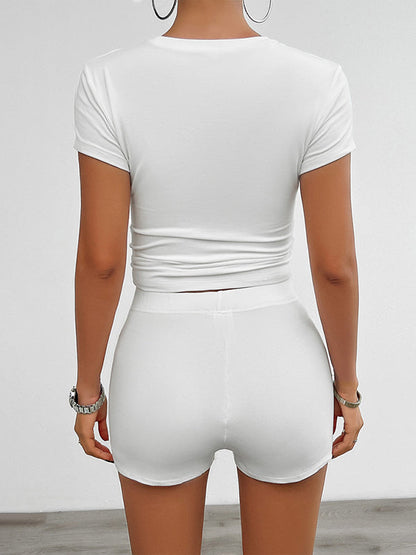 Short Sleeves Skinny Solid Color Round-Neck T-Shirt Top + Shorts Bottom Two Pieces Set