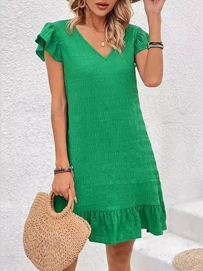 Loose Ruffle Sleeves Pleated Solid Color Split-Joint V-Neck Mini Dresses