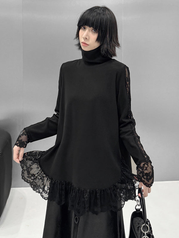 Hipster Long Sleeves See-Through Split-Joint High Neck T-Shirts Tops