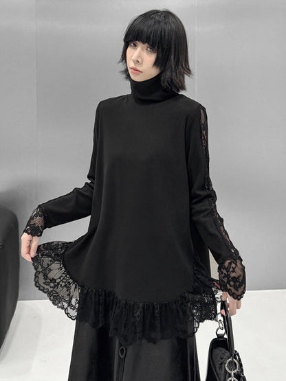 Hipster Long Sleeves See-Through Split-Joint High Neck T-Shirts Tops