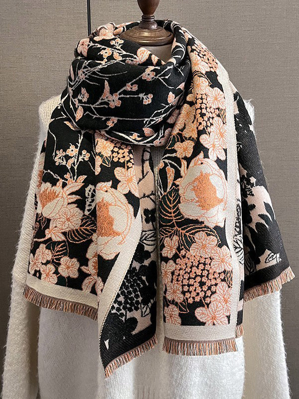 Fringed Keep Warm Knitted Flower Shawl&Scarf BLACK One_size