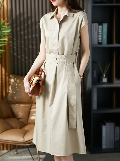 Plus Size Short Sleeves Bandage Solid Color Lapel Midi Dresses