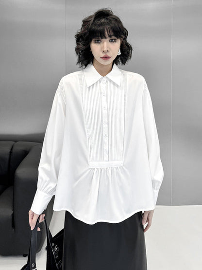 Long Sleeves Loose Buttoned Pleated Solid Color Polo Blouses&Shirts Tops
