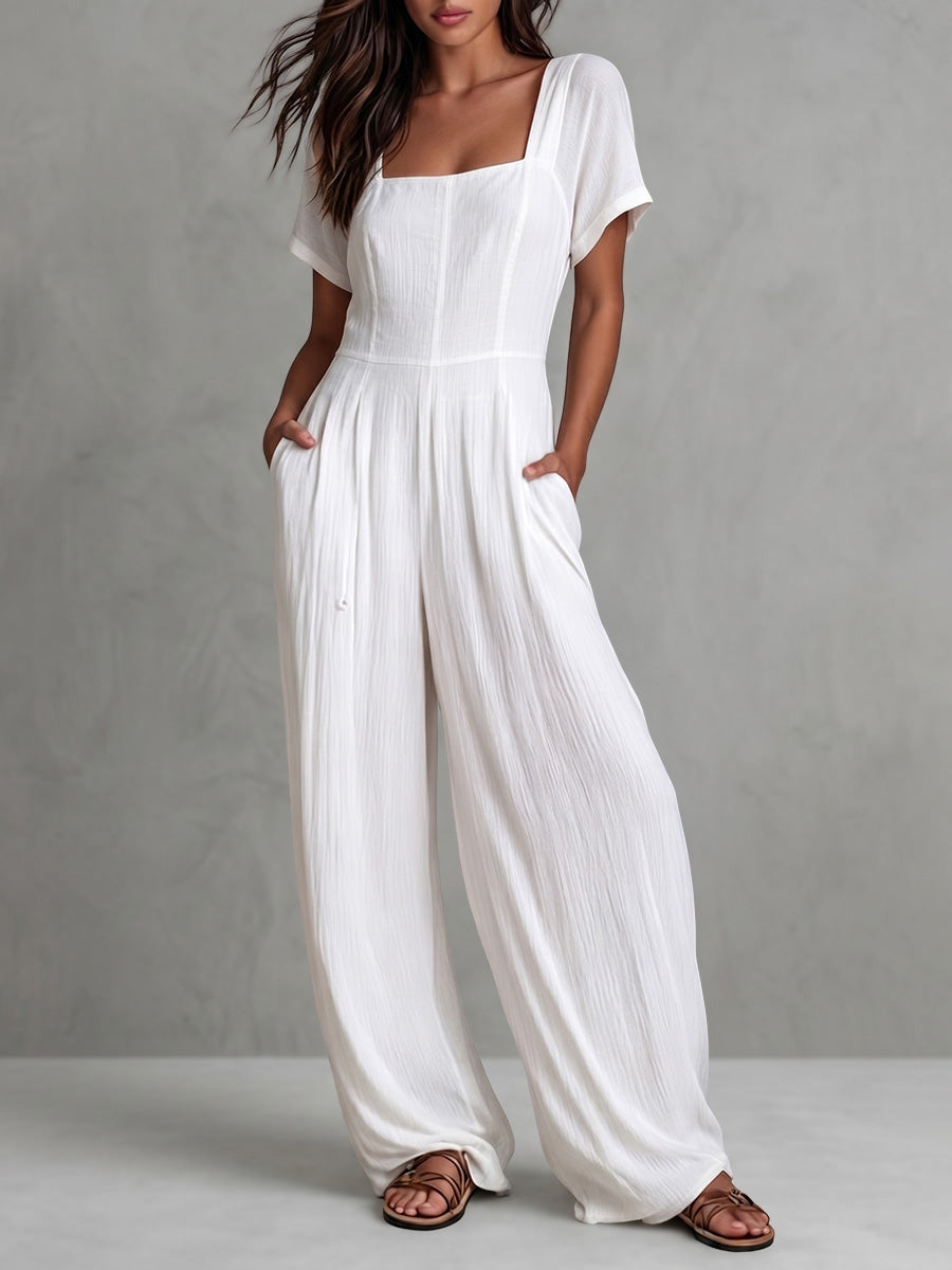 High Waisted Short Sleeves Backless Pleated Pockets Solid Color Zipper Square-Neck Jumpsuits